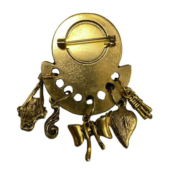 Vintage Faux Amber Cabachon and Bronze tone Dangle Brooch, Unique, Rare, 80s - Picture 2 of 2